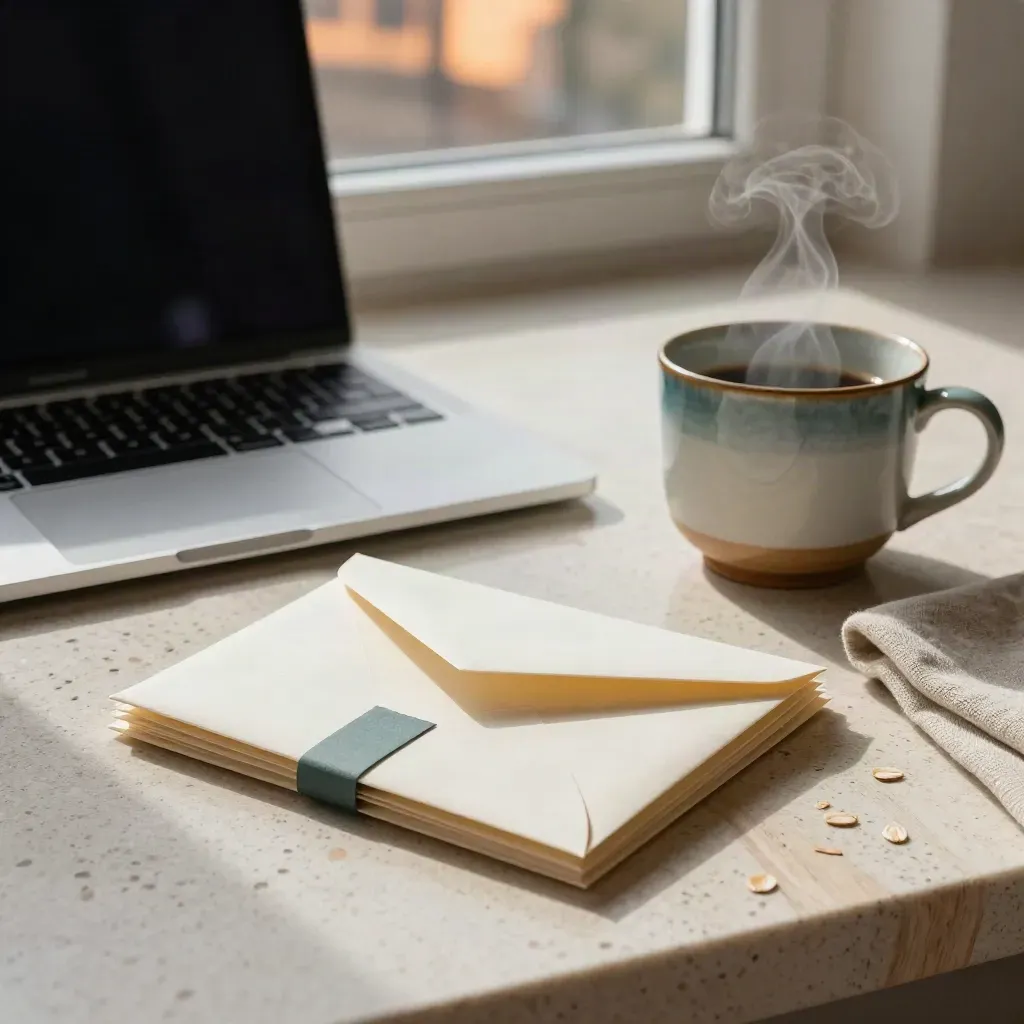 Kuvert, laptop, kaffekopp och linneservett i varmt kvällsljus på travertinbord.
