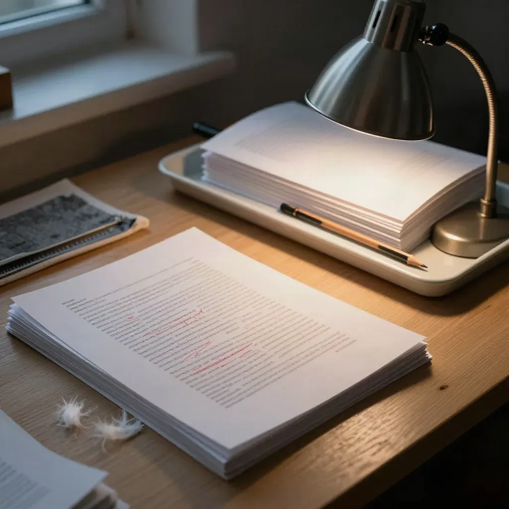 Sista korrekturen med markerade sidor, vit bricka, trubbig blyertspenna och liten lampa vid fönsterljus.